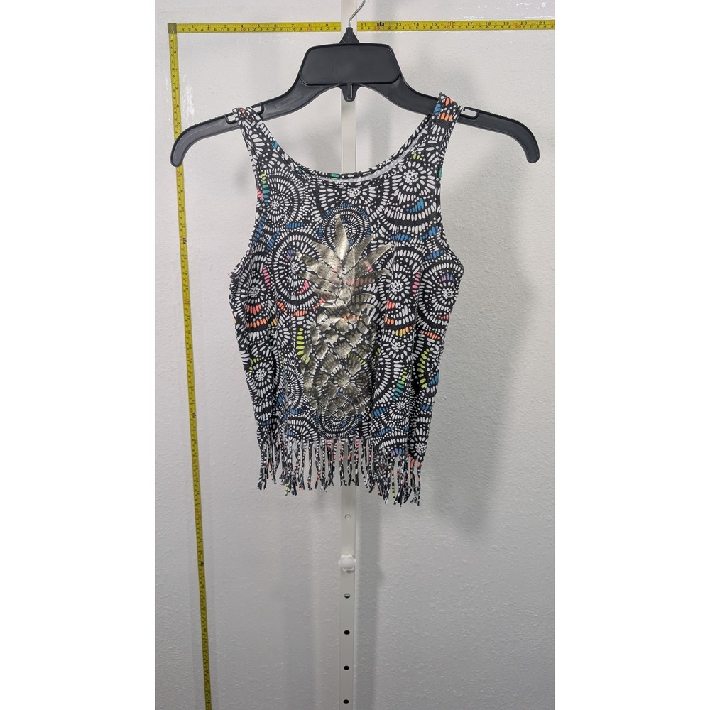 Total Girl Pineapple Fringe‎ Tank Top Girls Medium 10/12 Black Neon Geometric